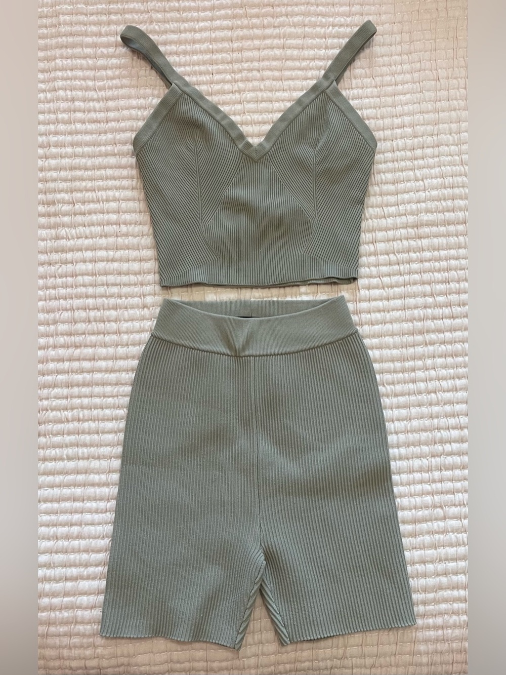 CUTS Ribbed Knit Two-Piece shorts cropped top in Sage Gray Green size small